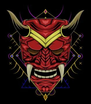Red devil face illustration. vector head of red demon. japanese demon mask Illustrazione stock