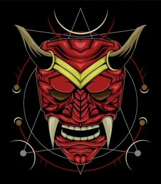 Red devil face illustration. vector head of red demon. japanese demon mask Stock Illustration
