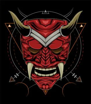 Red devil face illustration. vector head of red demon. japanese demon mask Stock Illustration