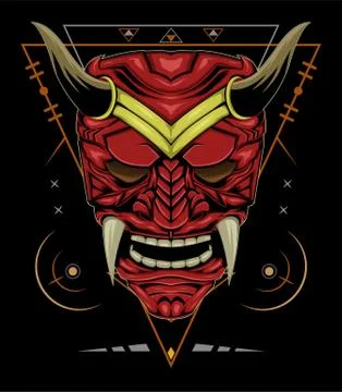 Red devil face illustration. vector head of red demon. japanese demon mask Stock Illustration
