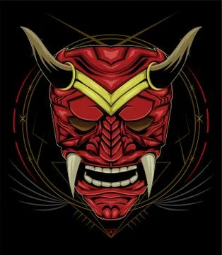 Red devil face illustration. vector head of red demon. japanese demon mask Stock Illustration