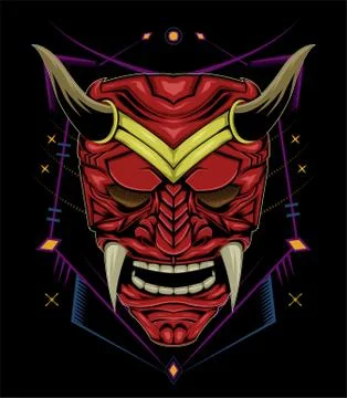 Red devil face illustration. vector head of red demon. japanese demon mask Stock Illustration