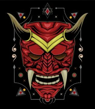 Red devil face illustration. vector head of red demon. japanese demon mask Stock Illustration