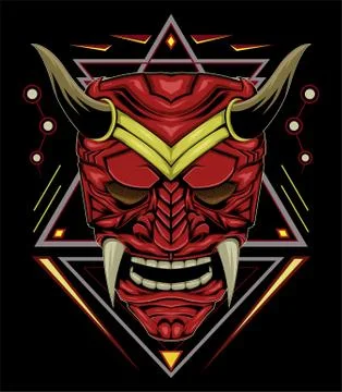 Red devil face illustration. vector head of red demon. japanese demon mask Stock Illustration