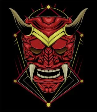 Red devil face illustration. vector head of red demon. japanese demon mask Stock Illustration