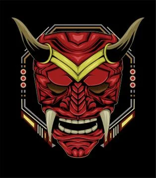 Red devil face illustration. vector head of red demon. japanese demon mask Stock Illustration