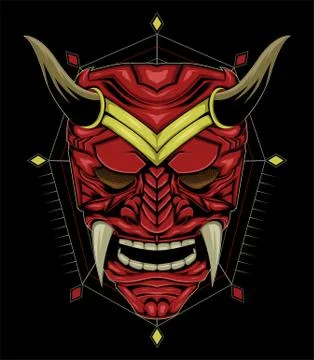 Red devil face illustration. vector head of red demon. japanese demon mask Stock Illustration