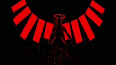 Red devil fighter from hell, angel of war with a halo around his head. Design. A Stock Footage 164863587