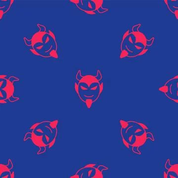 Red Devil head icon isolated seamless pattern on blue background. Happy Stock Illustration