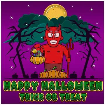 Red Devil Holding Candy. Happy Halloween. Trick and Treat. Greeting Card, I.. Stock Illustration