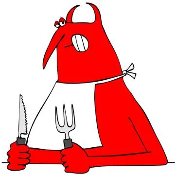 Red devil holding a knife and fork Stock Illustration