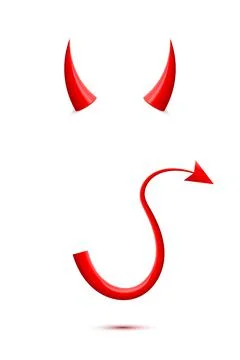 Red devil horn and tail, 3d realistic cute elements for face mask and head or Stock Illustration