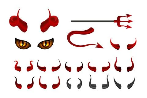 Red devil horn. Satanic horns face with yellow eyes, isolated hell harpoon and Stock Illustration