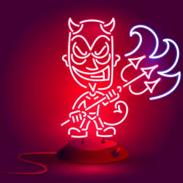 Red devil neon.Young demon or devil, Vector illustration Stock Illustration