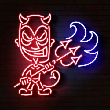 Red devil neon.Young demon or devil, Vector illustration Stock Illustration