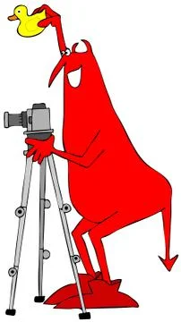 Red devil taking a photo and holding up a rubber ducky Stock Illustration