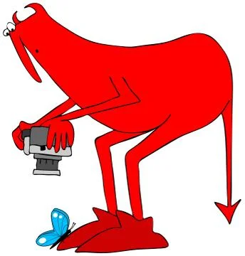 Red devil taking a photograph of a blue butterfly Illustrazione stock