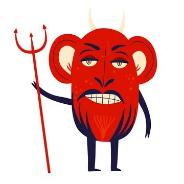 Red devil with a trident. Strange ugly Halloween characters. Cute bizarre comic Stock Illustration