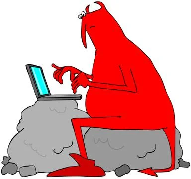 Red devil typing on a laptop computer Stock Illustration