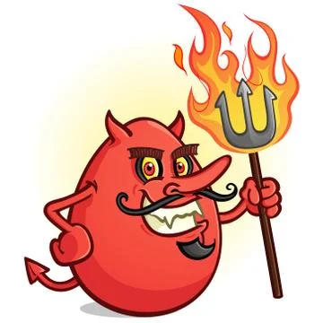 A Red Deviled Egg Cartoon Character Holding a Flaming Pitch Fork Stock Illustration