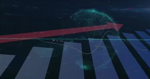 Red diagonal arrow rising across data interface, showing blue bars gray waveform Stock Footage 329706096