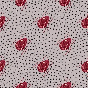 Red diagonal bugs ornament seamless pattern. Hand drawn insects shapes on lig Illustrazione stock