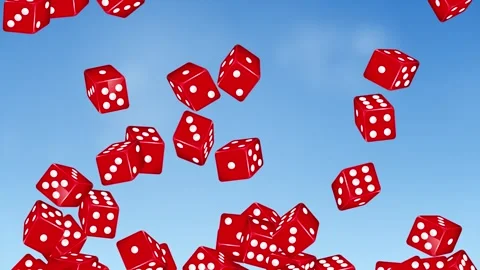 Red Dice Bouncing and Falling Against a Clear Blue Sky Background Stock Footage 341538925