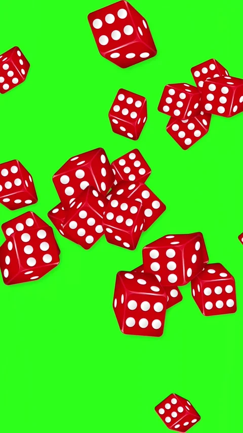 Red Dice Falling and Bouncing on a Bright Green Screen Background Видео 343820027