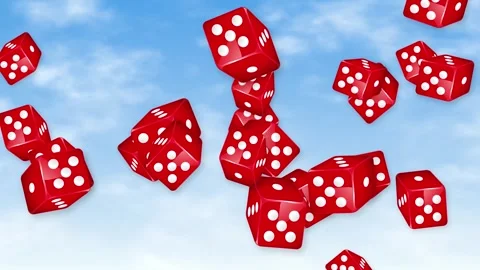 Red Dice Falling and Bouncing Against a Blue Sky Background Stock Footage 344832140
