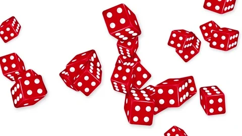 Red Dice Falling and Bouncing on a White Background Stockbeeldmateriaal 347758468