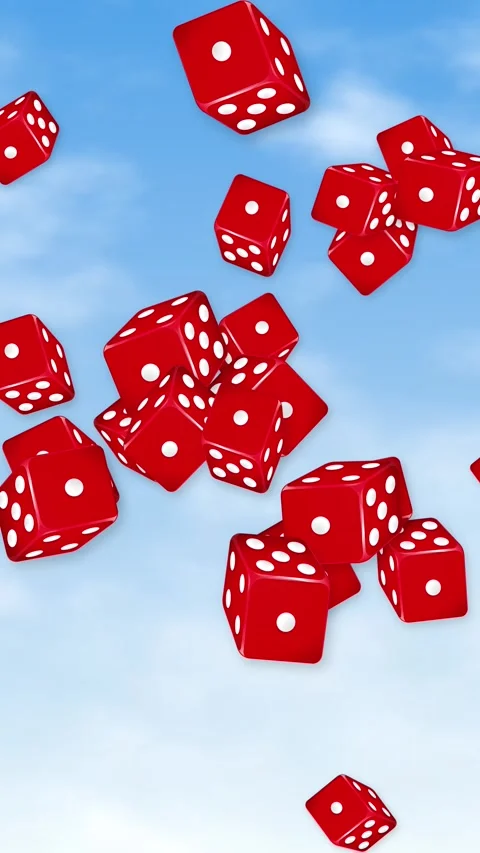 Red Dice Falling and Bursting Through a Blue Sky Background Stock Footage 344835085