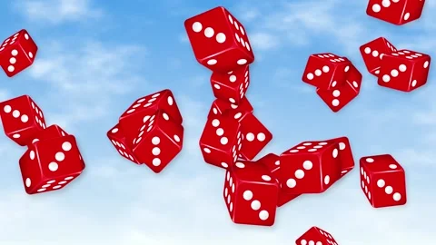 Red Dice Falling and Tumbling Through a Bright Blue Sky Stock Footage 344714553