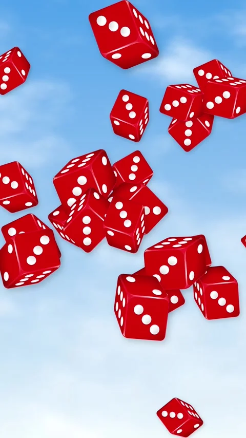 Red Dice Falling Through Blue Sky with White Clouds Stock Footage 345124929