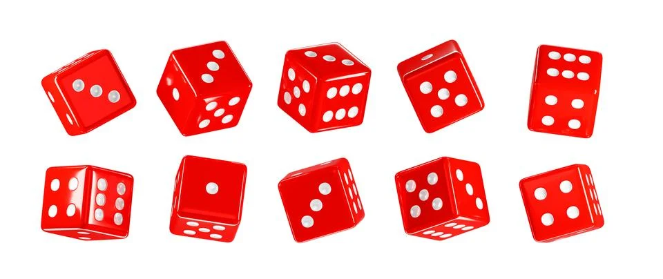 Red dice isolated 3d render icons set. Realistic casino game cubes roll, poker Stock Illustration