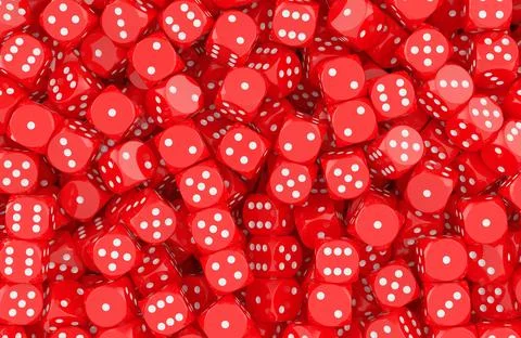 Red dice pile with white dots, background. 3D rendering Illustrazione stock