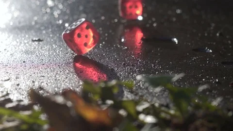 Red dice rolling on a concrete slab in slow motion hd Stock Footage 80037499