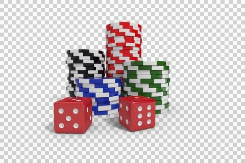 Red dice with stack of colorful casino tokens 库存插图