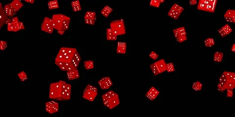 Red dices falling and spinning against a black background Vidéo 229298058