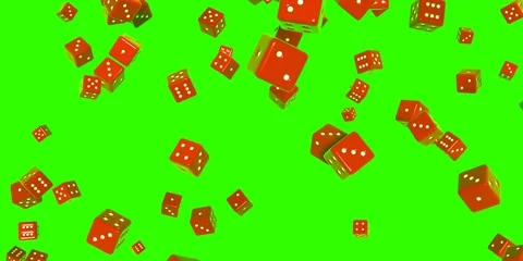 Red dices falling and spinning against a green background Video stock 229300156