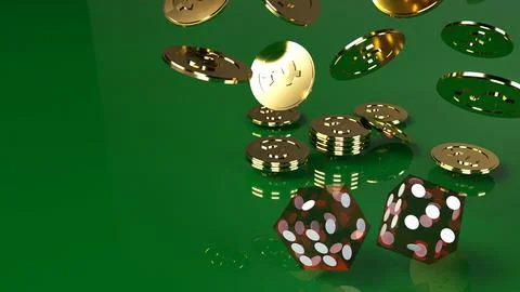 Red dices on green 3d rendering close up image. Stock Illustration