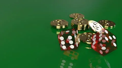 Red dices on green 3d rendering close up image. Stock Illustration