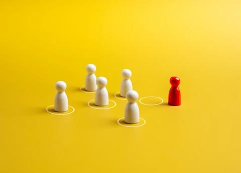 The red different one, moving out from circle, group of white peg dolls, pe.. Stock Photos