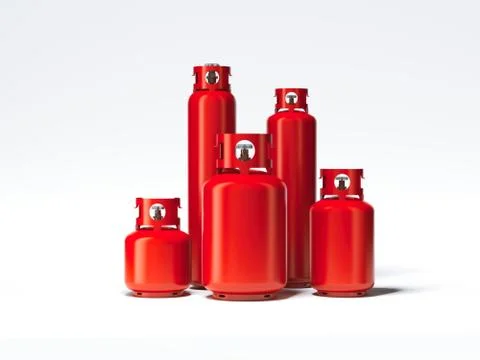 Red different types of gas bottles. 3d rendering Stock Photos