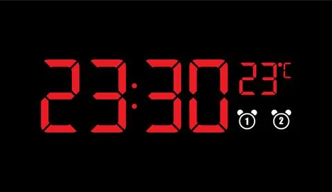 Red digital clock display showing time and temperature against black background Stock Illustration