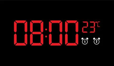 Red digital clock displaying eight o clock with modern glowing numbers and Stock-Illustration
