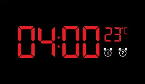 Red digital clock displaying four am with temperature and alarms on black Stock Illustration