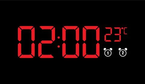 Red digital clock displaying time and temperature against a dark background Иллюстрация