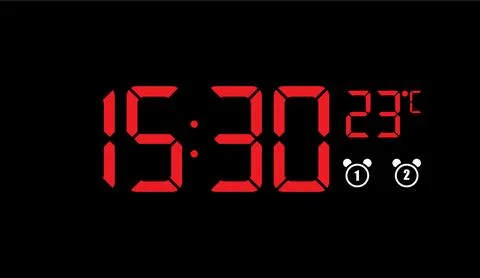 Red digital clock displaying time and temperature on dark background with alarm Stockillustratie