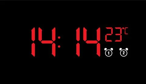Red digital clock displaying time and temperature against a dark background 库存插图