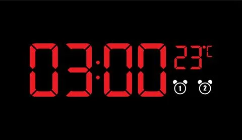 Red digital clock displaying time against a dark background with temperature Stockillustratie